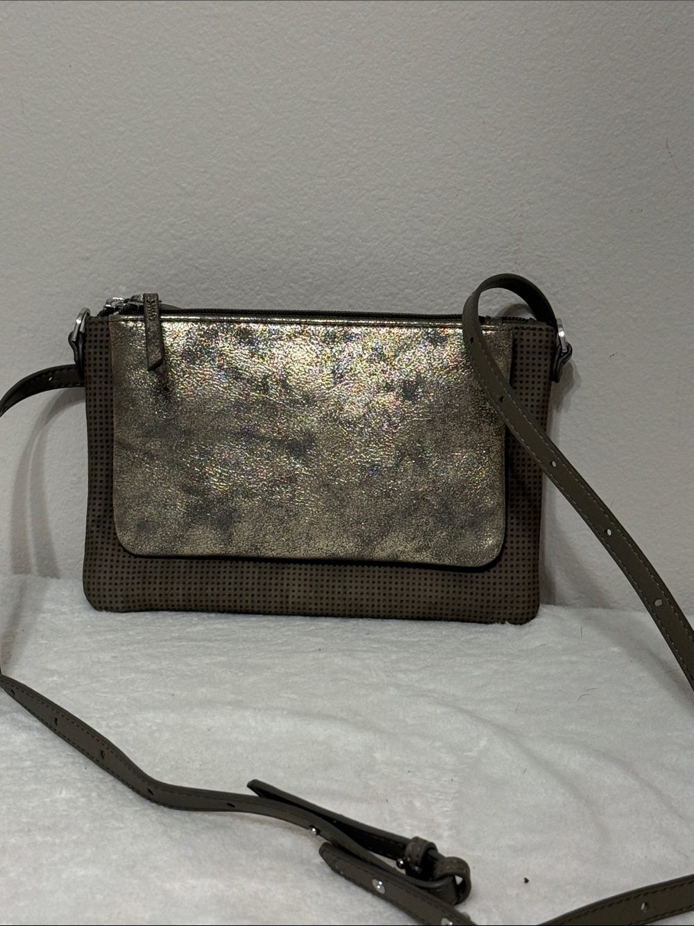 Shimmery Taupe Metallic Crossbody Bag with Perforated Back